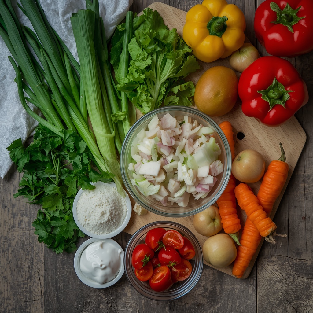 Fresh vegetables and premium ingredients arranged on a rustic wooden table for meal preparation